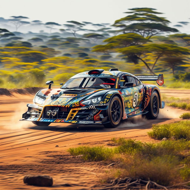 The digital art piece presents a race car from Uganda, adorned with Ugandan-inspired motifs and colors, speeding down a winding road