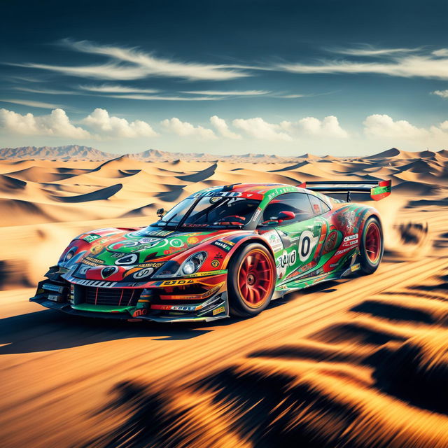 The digital art image features a race car from Libya, decorated with traditional Libyan motifs and the country's flag colors