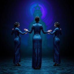 Three women standing in a dark room with a futuristic and eerie atmosphere