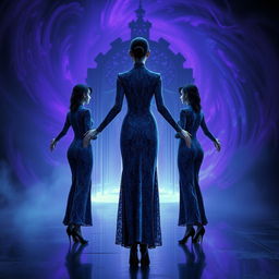 Three women standing in a dark room with a futuristic and eerie atmosphere