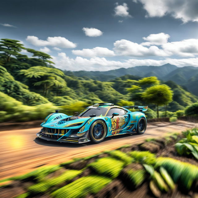 The digital art image features a race car from Rwanda, decorated with traditional Rwandan patterns and colors