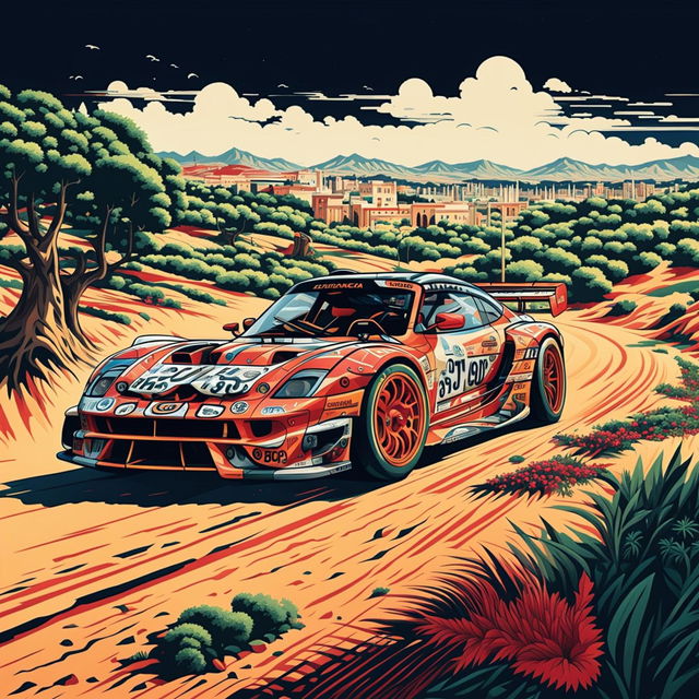 The digital art piece presents a race car from Tunisia, adorned with Tunisian-inspired motifs and colors, speeding down a winding road