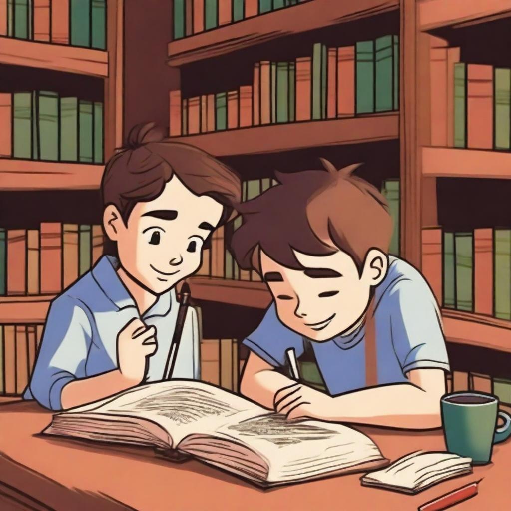 An image depicting a boy engrossed in reading a book, smiling gently, and a girl diligently writing a book, her face a picture of concentration