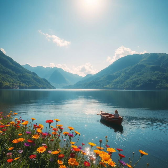 A serene landscape featuring a peaceful lake surrounded by lush green mountains, with a clear blue sky and soft white clouds