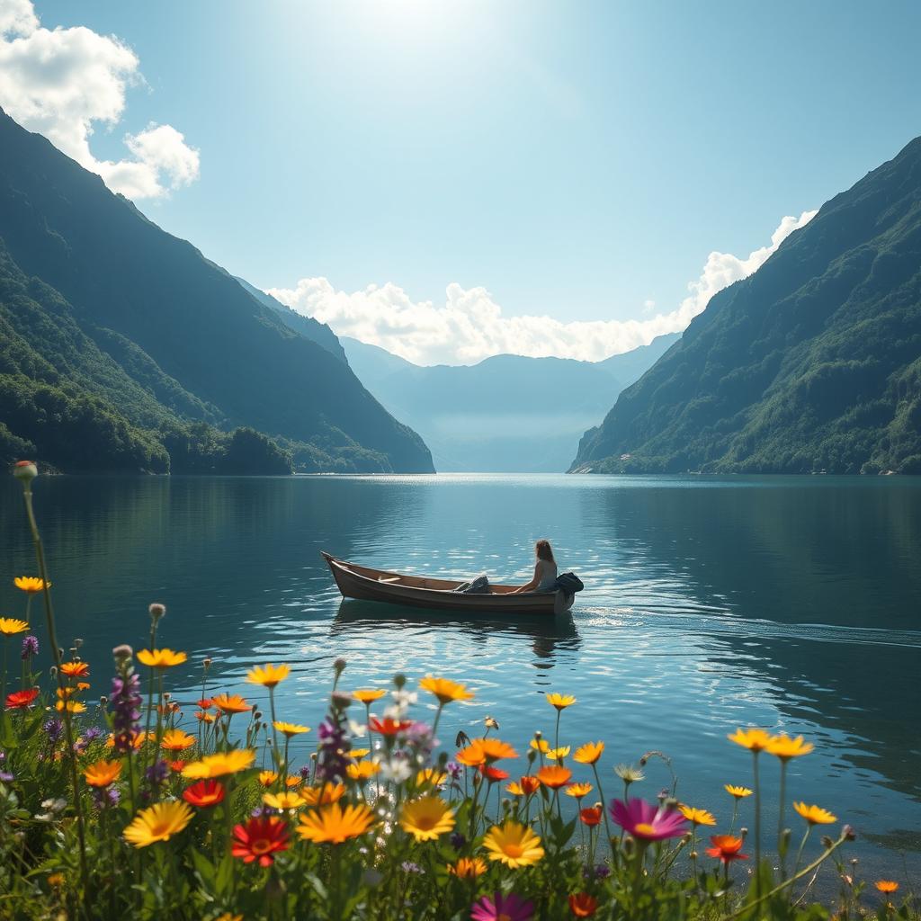 A serene landscape featuring a peaceful lake surrounded by lush green mountains, with a clear blue sky and soft white clouds