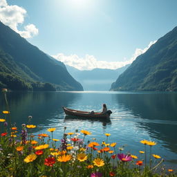 A serene landscape featuring a peaceful lake surrounded by lush green mountains, with a clear blue sky and soft white clouds
