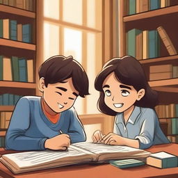 An image depicting a boy engrossed in reading a book, smiling gently, and a girl diligently writing a book, her face a picture of concentration