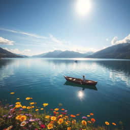 A serene landscape featuring a peaceful lake surrounded by lush green mountains, with a clear blue sky and soft white clouds