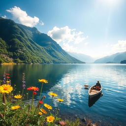 A serene landscape featuring a peaceful lake surrounded by lush green mountains, with a clear blue sky and soft white clouds