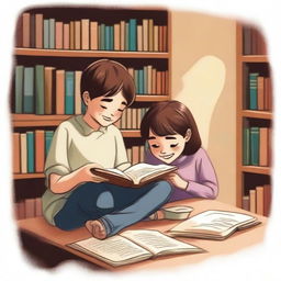 An image depicting a boy engrossed in reading a book, smiling gently, and a girl diligently writing a book, her face a picture of concentration