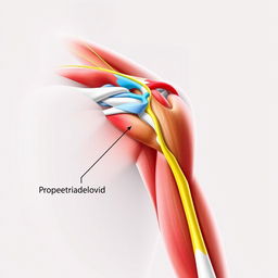 A detailed anatomical illustration of the posterior deltoid nerve in a human shoulder