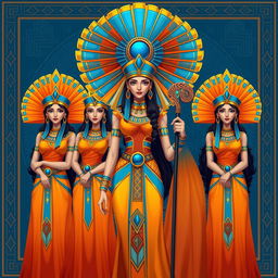 Digital illustration of three Egyptian goddesses standing in a line, directly facing the viewer