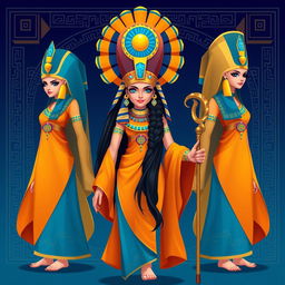 Digital illustration of three Egyptian goddesses standing in a line, directly facing the viewer