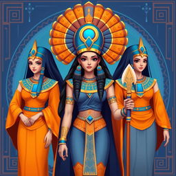 Digital illustration of three Egyptian goddesses standing in a line, directly facing the viewer