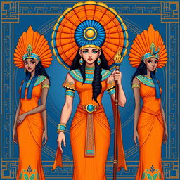 Digital illustration of three Egyptian goddesses standing in a line, directly facing the viewer