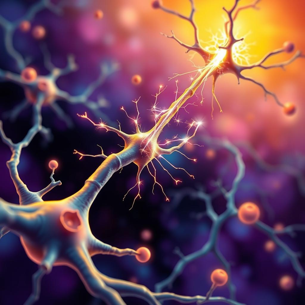 A detailed illustration of a nerve impulse traveling along a neuron, showcasing the structure of the neuron with its axon, dendrites, and synapse