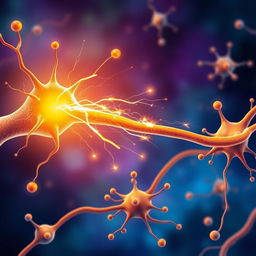 A detailed illustration of a nerve impulse traveling along a neuron, showcasing the structure of the neuron with its axon, dendrites, and synapse