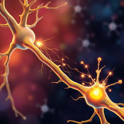 A detailed illustration of a nerve impulse traveling along a neuron, showcasing the structure of the neuron with its axon, dendrites, and synapse