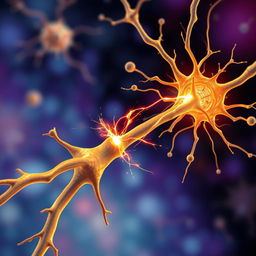 A detailed illustration of a nerve impulse traveling along a neuron, showcasing the structure of the neuron with its axon, dendrites, and synapse