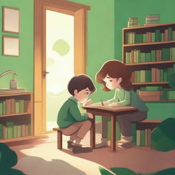 An image of a boy delightfully engrossed in a book on the left side, and a girl intensely writing a book on the right, set in a cozy library with bookshelves filling the background