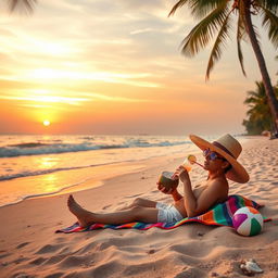 A serene beach scene at sunset with soft waves gently lapping at the shore