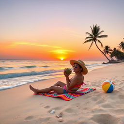 A serene beach scene at sunset with soft waves gently lapping at the shore