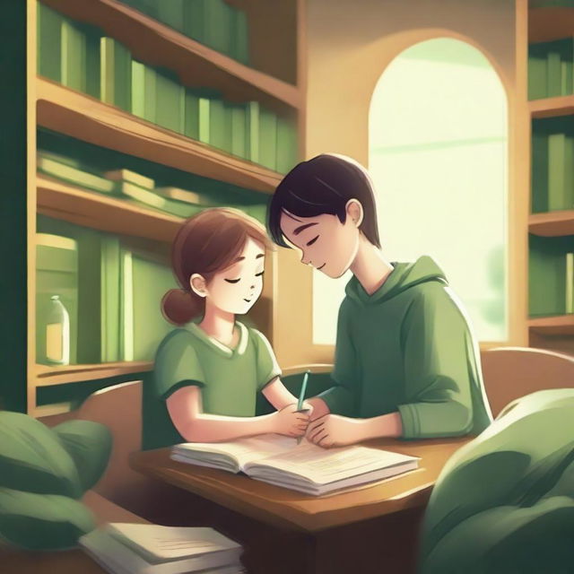 An image of a boy delightfully engrossed in a book on the left side, and a girl intensely writing a book on the right, set in a cozy library with bookshelves filling the background