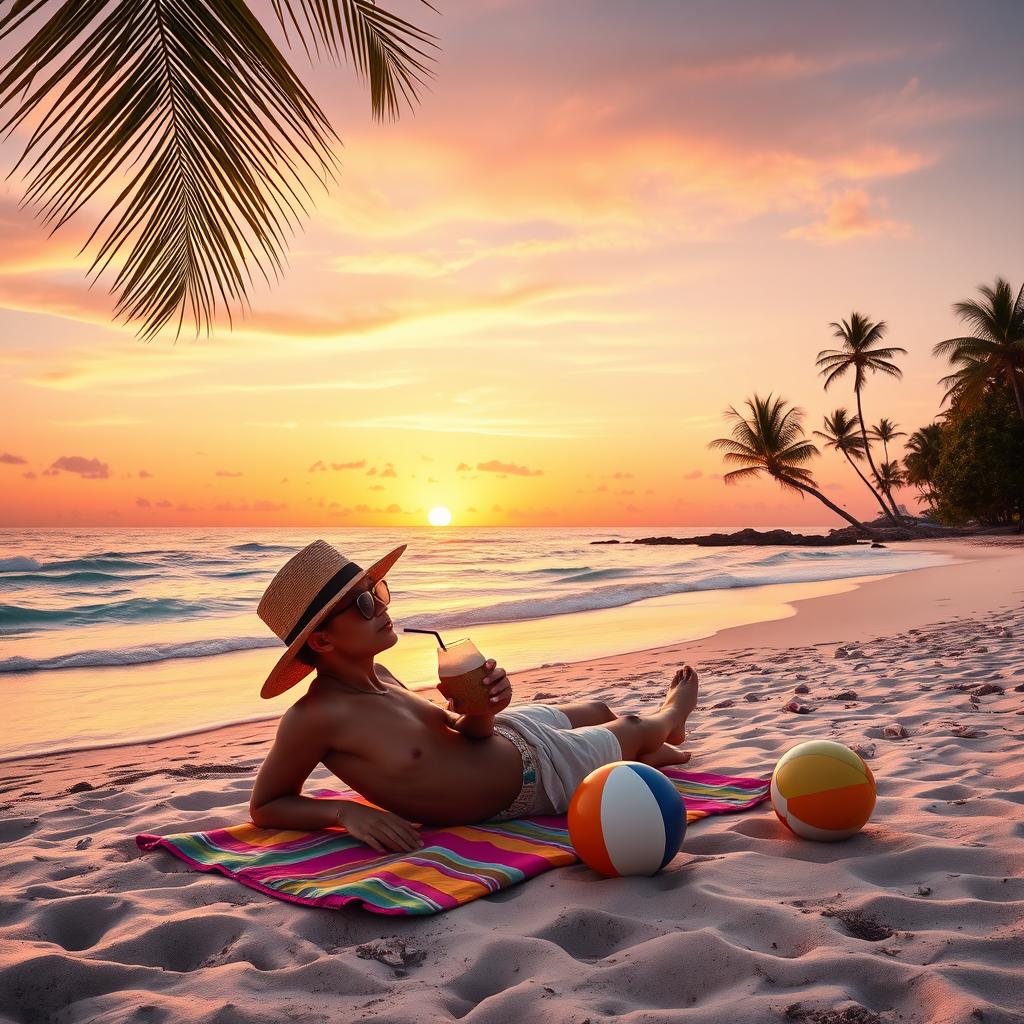 A serene beach scene at sunset with soft waves gently lapping at the shore