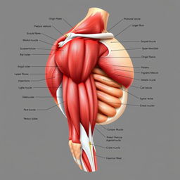 A highly detailed anatomical illustration of the posterior deltoid muscle, clearly labeled with anatomical terms