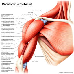 A highly detailed anatomical illustration of the posterior deltoid muscle, clearly labeled with anatomical terms