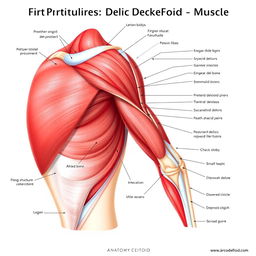 A highly detailed anatomical illustration of the posterior deltoid muscle, clearly labeled with anatomical terms