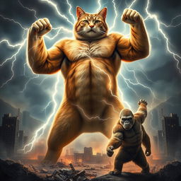 An epic dynamic poster showcasing a colossal, muscular cat flexing its impressive biceps while channeling arcs of lightning, standing triumphantly over a shattered cityscape below