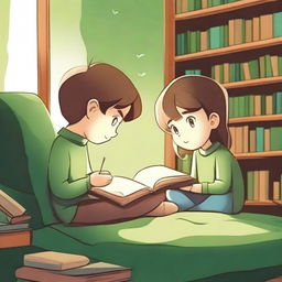 An image of a boy delightfully engrossed in a book on the left side, and a girl intensely writing a book on the right, set in a cozy library with bookshelves filling the background