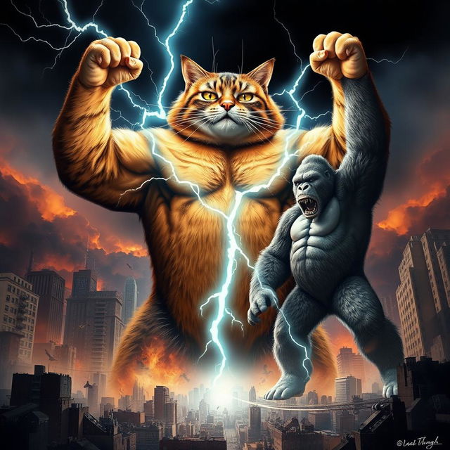 An epic dynamic poster showcasing a colossal, muscular cat flexing its impressive biceps while channeling arcs of lightning, standing triumphantly over a shattered cityscape below