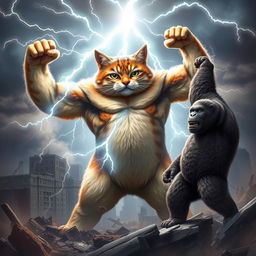 An epic dynamic poster showcasing a colossal, muscular cat flexing its impressive biceps while channeling arcs of lightning, standing triumphantly over a shattered cityscape below