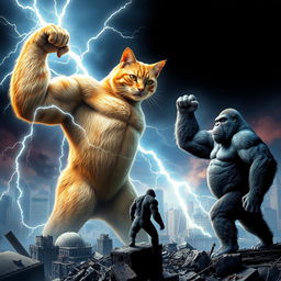 An epic dynamic poster showcasing a colossal, muscular cat flexing its impressive biceps while channeling arcs of lightning, standing triumphantly over a shattered cityscape below