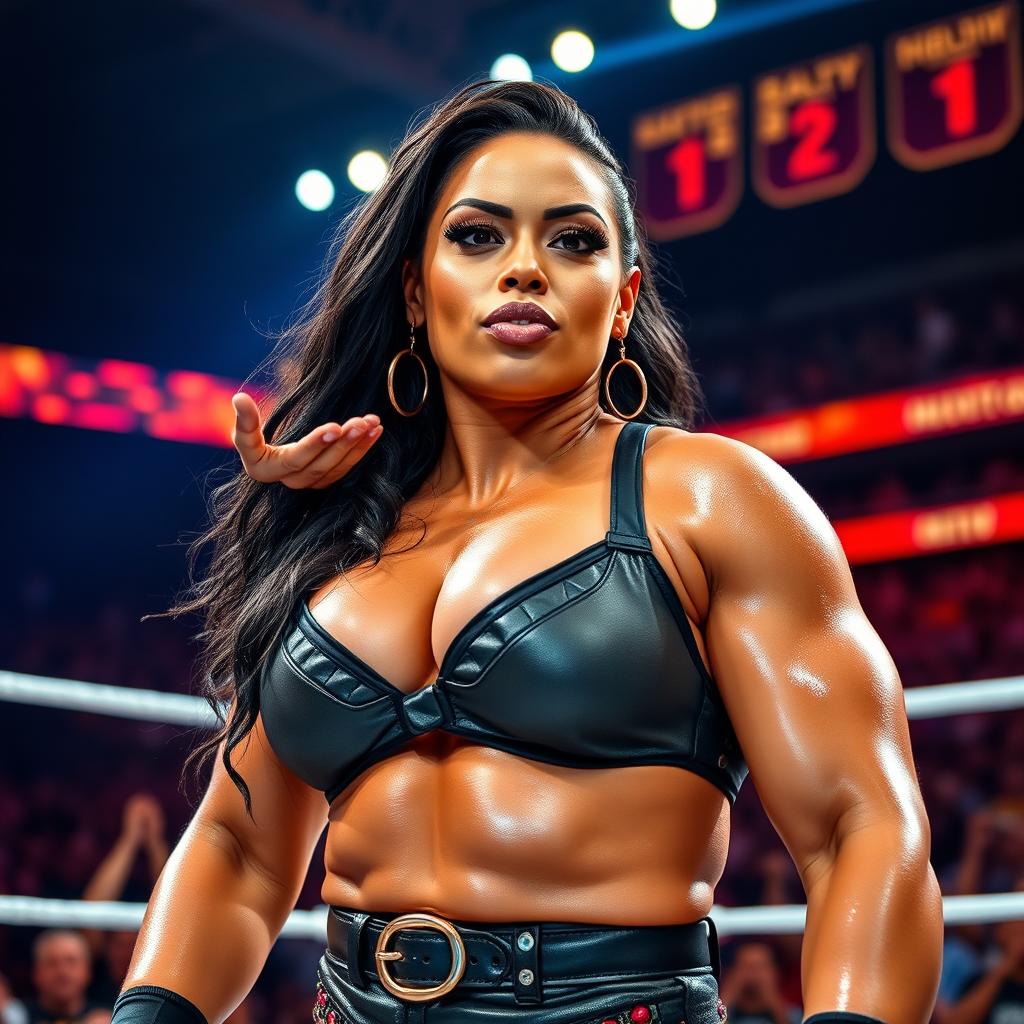 Tiffany Stratton, a powerful and muscular woman, is in the wrestling ring exuding confidence and sass