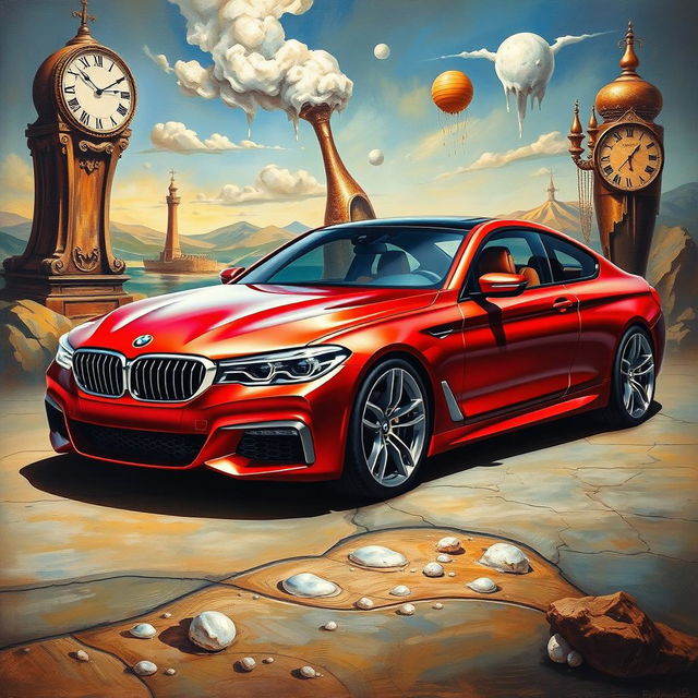 Oil painting of a futuristic, unprecedented red pearl metallic BMW 560 AMG, designed as a 2-door coupe, evoking a vision from the future