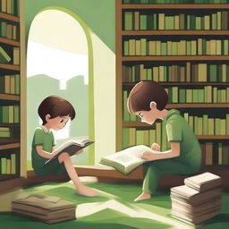 An image of a boy delightfully engrossed in a book on the left side, and a girl intensely writing a book on the right, set in a cozy library with bookshelves filling the background