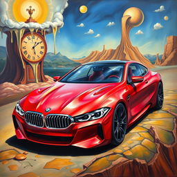 Oil painting of a futuristic, unprecedented red pearl metallic BMW 560 AMG, designed as a 2-door coupe, evoking a vision from the future