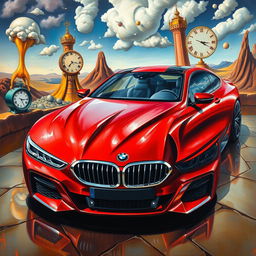 Oil painting of a futuristic, unprecedented red pearl metallic BMW 560 AMG, designed as a 2-door coupe, evoking a vision from the future