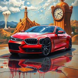 Oil painting of a futuristic, unprecedented red pearl metallic BMW 560 AMG, designed as a 2-door coupe, evoking a vision from the future