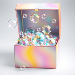 An artistic and colorful box design featuring various soap bubbles of different sizes and colors