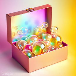 An artistic and colorful box design featuring various soap bubbles of different sizes and colors