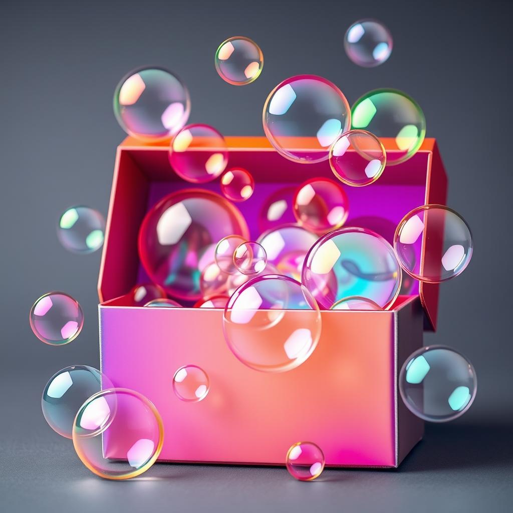 An artistic and colorful box design featuring various soap bubbles of different sizes and colors