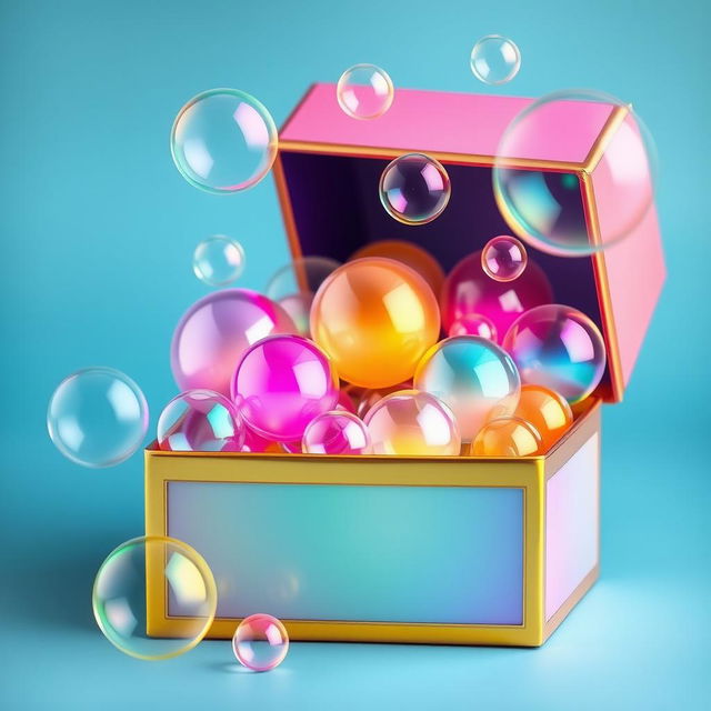 An artistic and colorful box design featuring various soap bubbles of different sizes and colors