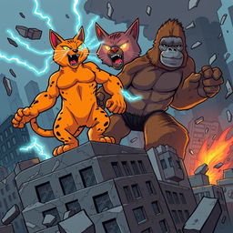 A massive orange bodybuilder cat, with bulging muscles and glowing eyes, is standing atop broken buildings in a chaotic urban setting