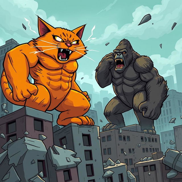 A massive orange bodybuilder cat, with bulging muscles and glowing eyes, is standing atop broken buildings in a chaotic urban setting