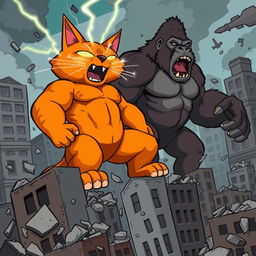 A massive orange bodybuilder cat, with bulging muscles and glowing eyes, is standing atop broken buildings in a chaotic urban setting