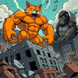 A massive orange bodybuilder cat, with bulging muscles and glowing eyes, is standing atop broken buildings in a chaotic urban setting
